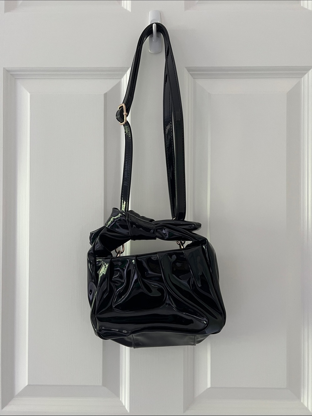 Anthropologie Black Patent Shoulder Bag with Knotted Top